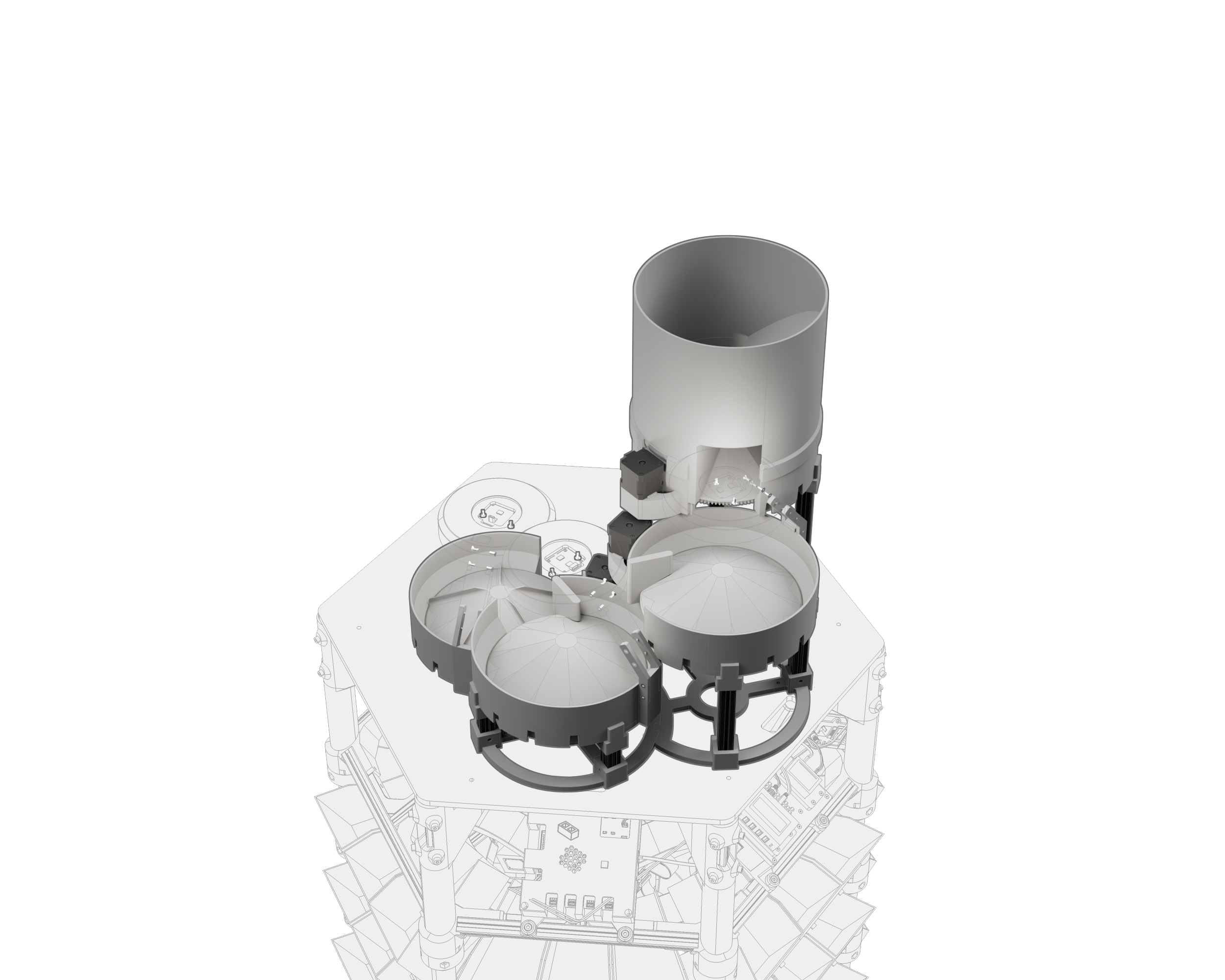 The rotary feeders from behind, picked out on the top of the machine