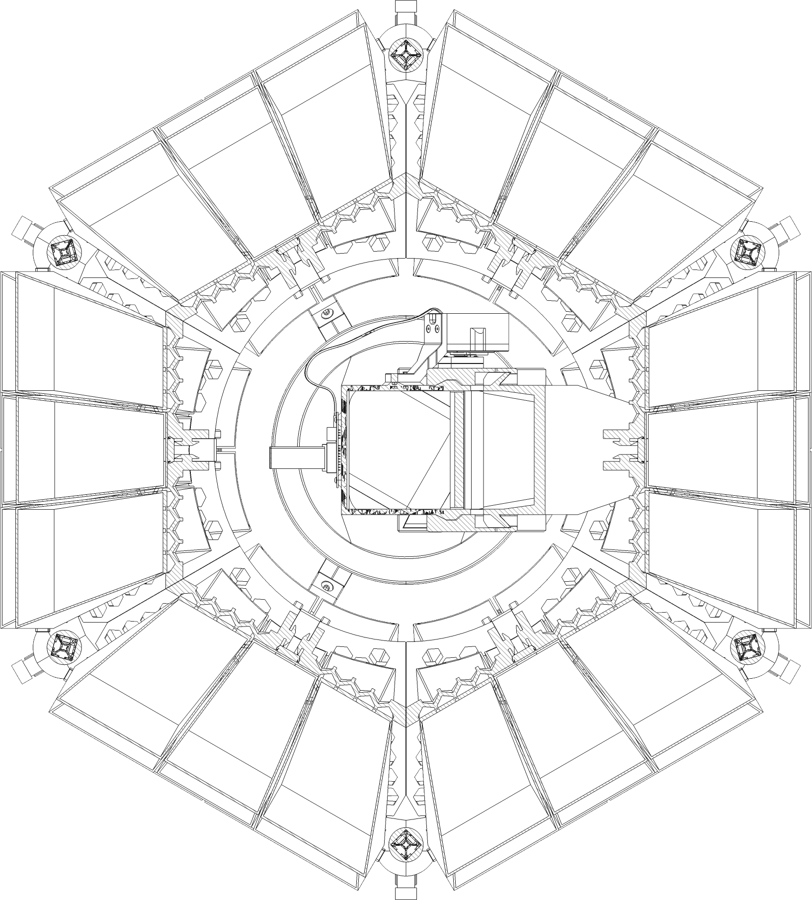 Plan drawing of a bin layer: six bays around the chute