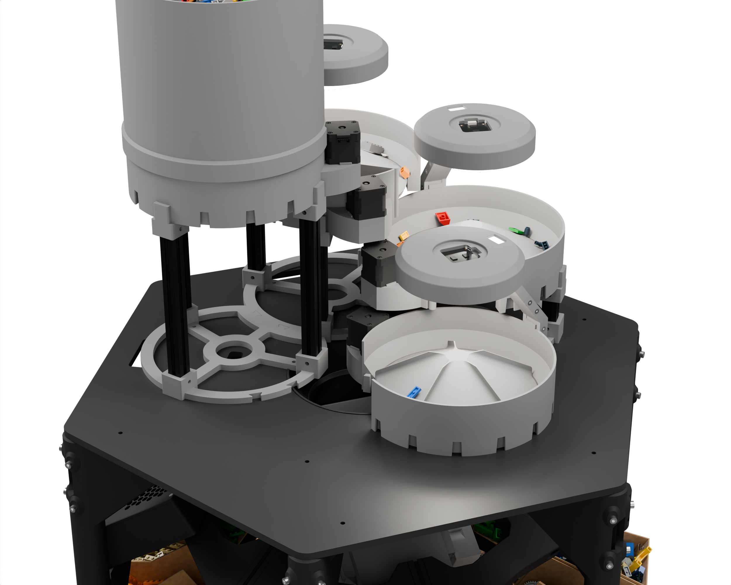 The rotary feeders stepping down from the bucket to the classification channel